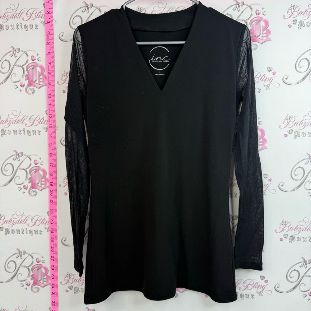 INC International Concepts shirt Black V-Neck Long Sleeve Top with Sheer Sleeves